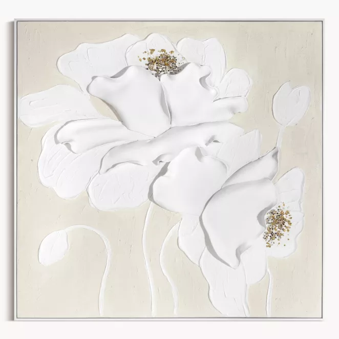 Obraz w trójwymiarowe kwiaty kremowo, beżowy ręcznie malowany na płótnie oprawiony w ramę 102x102 cm cm