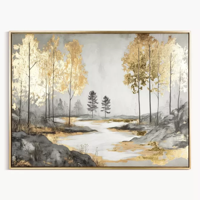 Obraz szaro, złoty nadruk na płótnie pejzaż z metalicznymi akcentami 60x80 cm