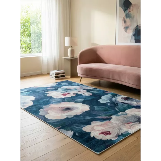 Dywan 50x80 cm ciemnoniebiesko, pudrowy z motywem kwiatu róży LOTUS 5