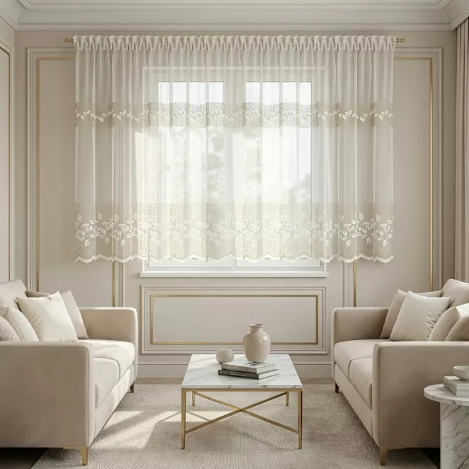 Firana kremowo, beżowa z haftem roślinnym 300x110 cm
