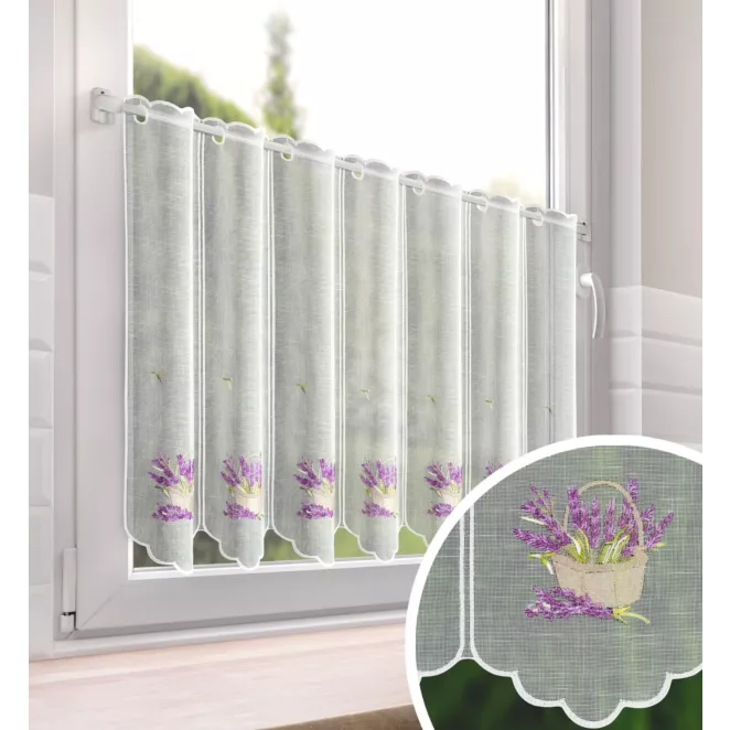 Tkanina firanowa zazdrostka z etaminy zdobiona haftem lawendy