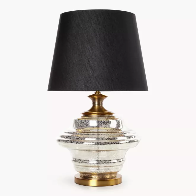 Lampa stołowa do salonu czarno, złota AMARI zdobiona szklaną podstawą i lekko szenilowym abażurem