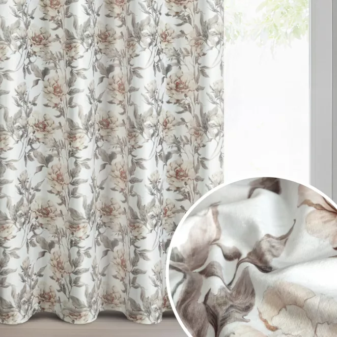 Zasłona biało, beżowa welwetowa z motywem kwiatów 140x250 cm przelotka - BEVERLY