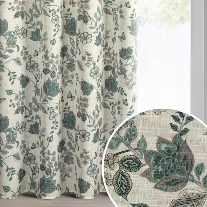 Zasłona naturalno, niebieska z tkaniny z dodatkiem lnu zdobiona nadrukiem roślinnym 140x250 cm przelotka - TALI