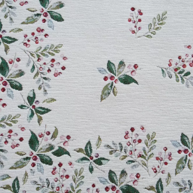 Świąteczny obrus kolor naturalno, zielony 140x180 cm szenilowy tkany motywem zimowym