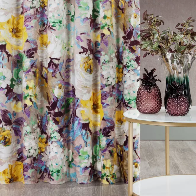 Zasłona welwetowa beżowo, żółta w kwiaty peonie 140x270 taśma - AMELIE