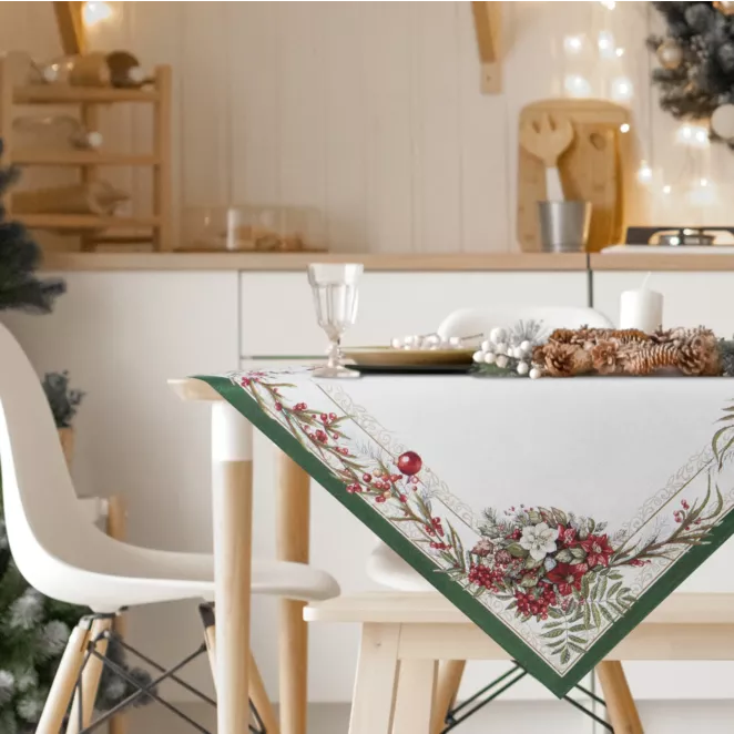 Świąteczny obrus kolor zielono, czerwony 100x100 cm szenilowy tkany motywem świątecznym