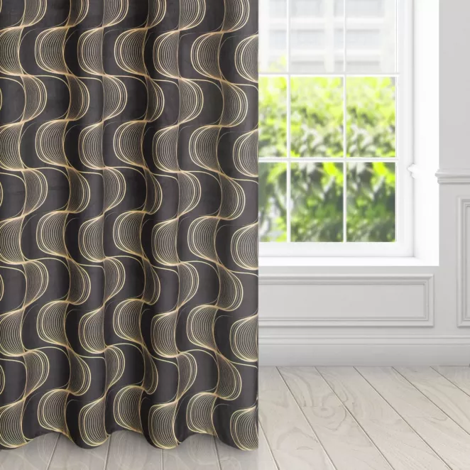 Zasłona czarno, beżowa z wzorem pionowych fal, z welwetu 140x250 cm przelotka - POLA
