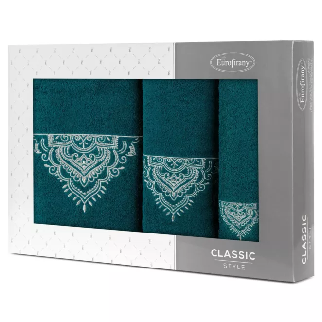 Zestaw ręczników bawełnianych na prezent 3 szt kolor ciemno turkusowy, srebrny z haftem 400 g/m2 LAURA