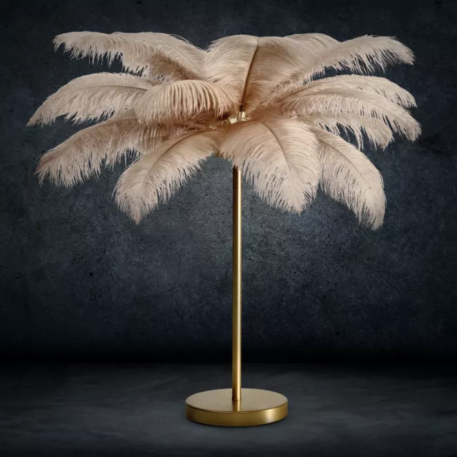 Lampa stojąca do salonu beżowo, szampańska FERI na metalowej podstawie z niezwykle efektownym abażurem z naturalnych strusich piór