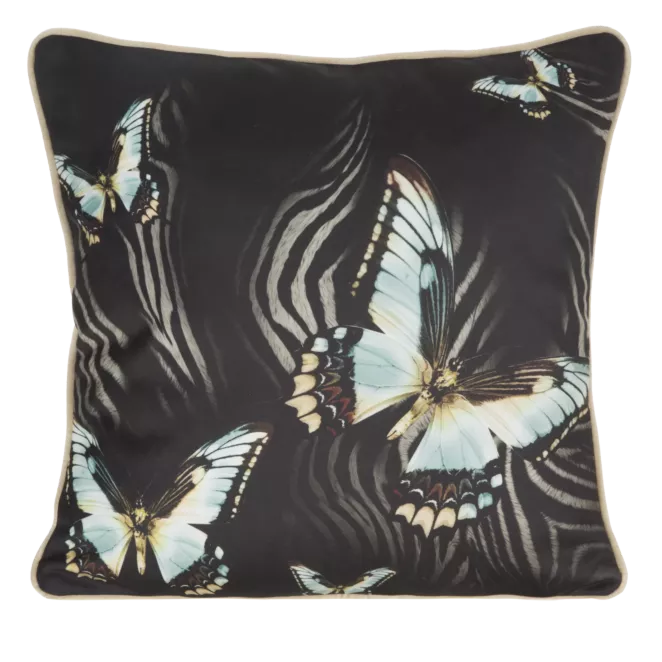 Poszewka na poduszkę 45x45 cm  welwetowa czarno, miętowa z nadrukiem motyli i wypustką na brzegach EVA 15 B Eva Minge