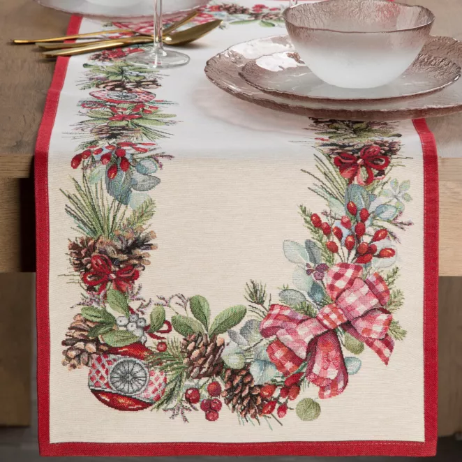 Świąteczny bieżnik naturalno, czerwony 45x140 cm gobelinowy zdobiony tkanym motywem świątecznym