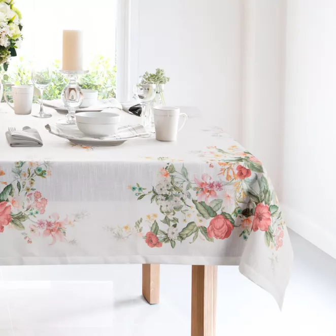 Obrus naturalno, różowy 140x180 cm SUMMER 12 zdobiony nadrukiem letnich kwiatów