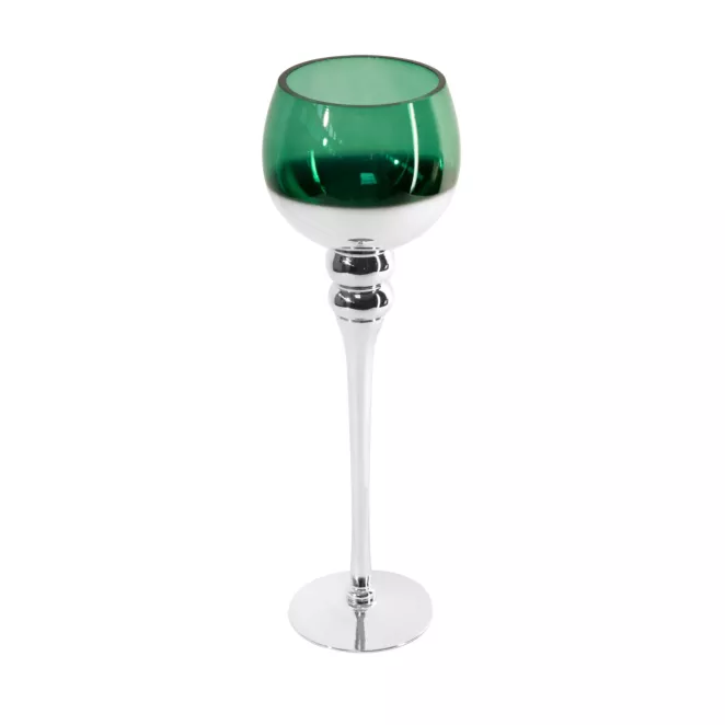 Świecznik bankietowy szklany CLOE na wysmukłej nóżce srebrno-zielony