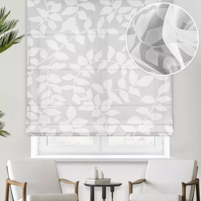 Roleta rzymska biała z tkaniny batystowej z motywem botanicznym