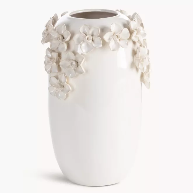 Wazon ceramiczny kremowy zdobiony kwiatami 3D 19x30 cm DIANA