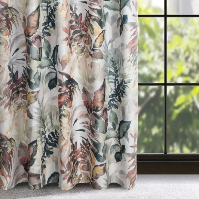 Zasłona biało, stalowa z motywem liści 140x270 cm taśma - LILIA