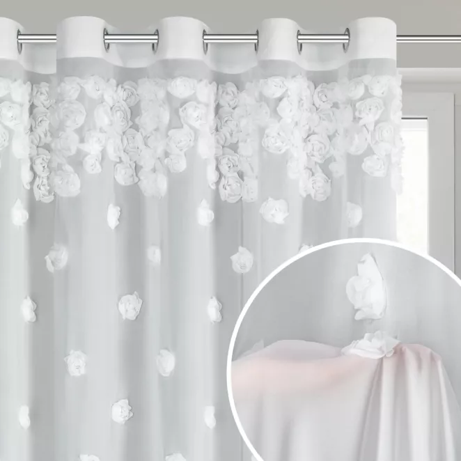 Firana biała z szyfonu zdobiona różami 3D 350x250 cm przelotka - DIANA