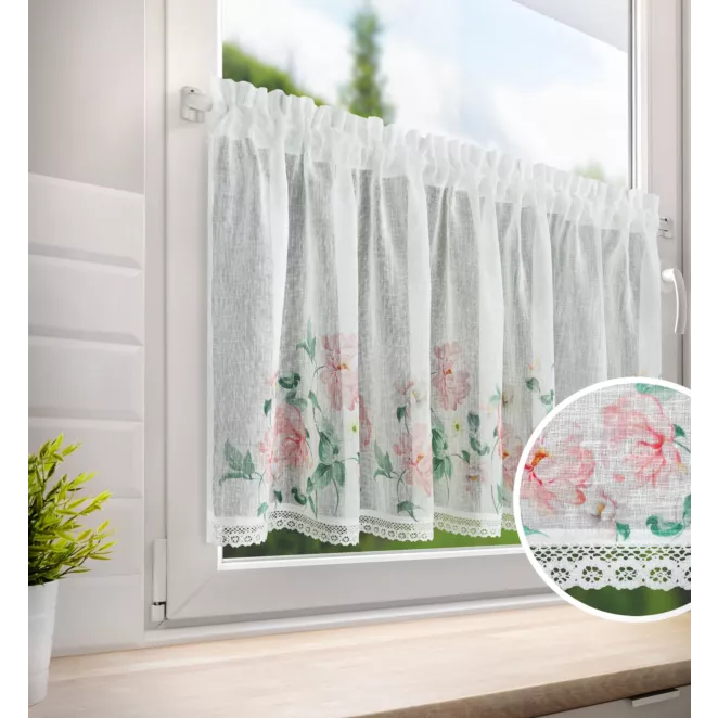 Zazdrostka biało, różowa z etaminy zdobiona nadrukiem kwiatów i koronką 150x60 cm tunel ASTEJA