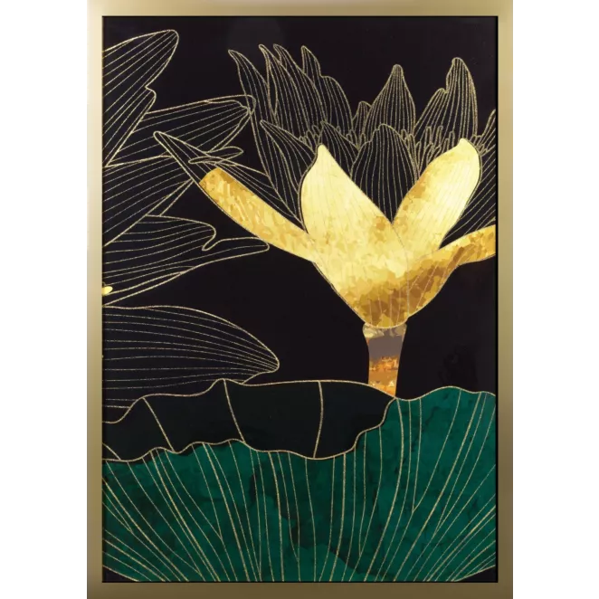 Obraz z nadrukiem liści i kwiatów w złotej ramce