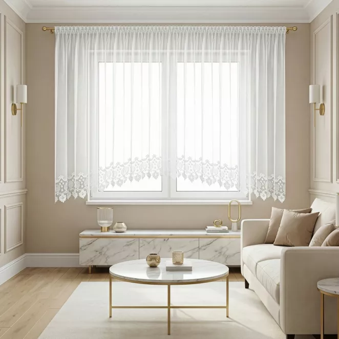 Firana typu łuk biała markizeta 450x165 cm zdobiona gipiurą - ROBIN