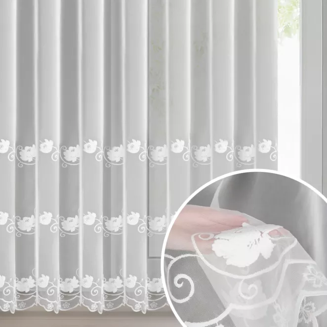 Firana biała z drobnej siateczki zdobiona subtelnym haftem 350x250 cm przelotki - LETI