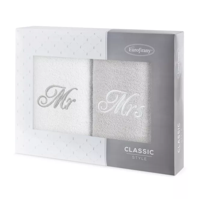 Zestaw ręczników bawełnianych na prezent 2 szt 50x90 cm z haftem MR&MRS kolor biały, popielaty 400 g/m2