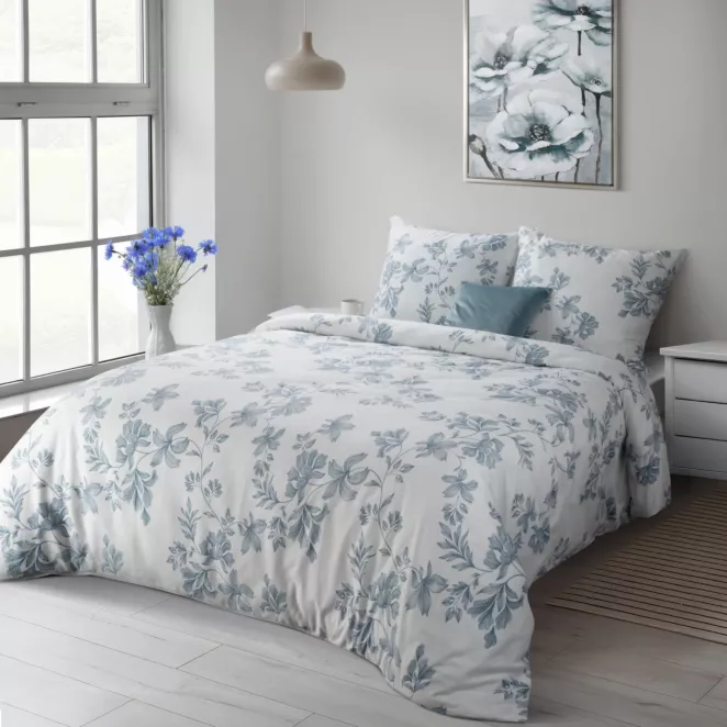 Pościel 220x200 cm komplet 3 częściowy satyna bawełniana kolor biało, niebieski z motywem kwiatów SPRING 99