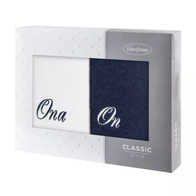 Zestaw ręczników bawełnianych na prezent 2 szt 50x90 cm z haftem ONA I ON kolor biały,granatowy 400 g/m2