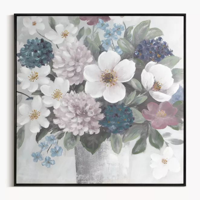 Obraz kremowo, zielony ręcznie malowane kwiaty na płótnie z błyszczącymi akcentami 80x80 cm