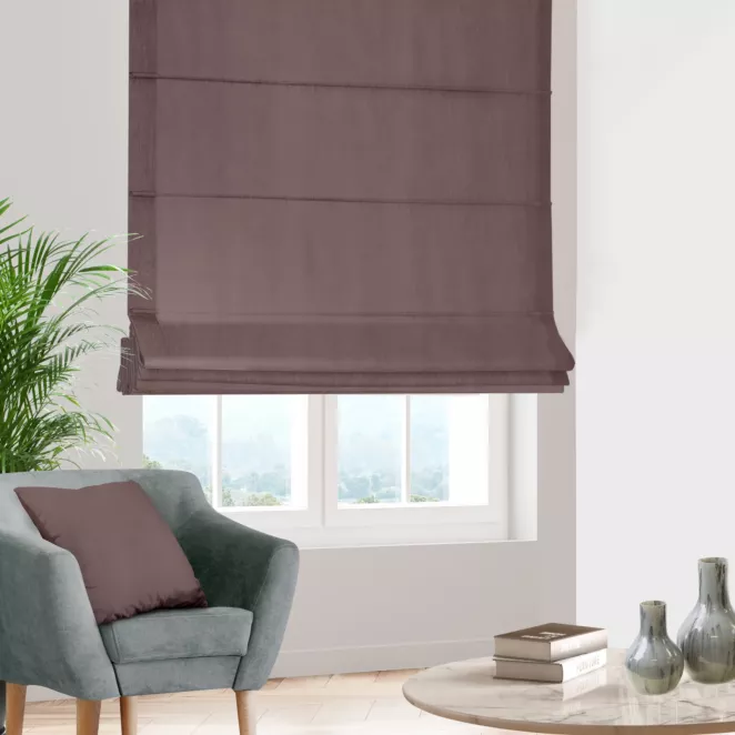 Roleta rzymska ciemnofioletowa z miękkiej półmatowej tkaniny welwetowej