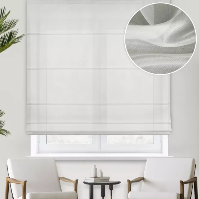 Roleta rzymska kremowa z miękkiej tkaniny, pokryta strukturalnym, fantazyjnym wzorem