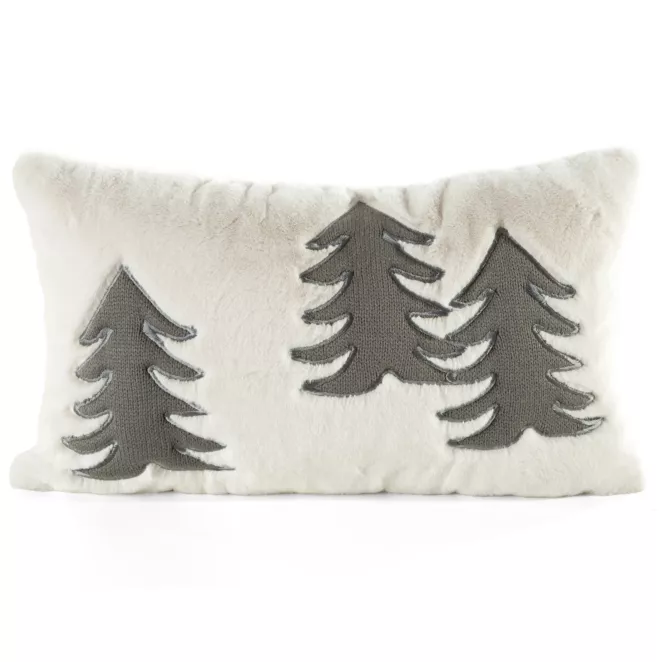 Poszewka na poduszkę 30x50 cm świąteczna z futerka kremowo zielona zdobiona aplikacją w choinki FELIKS3