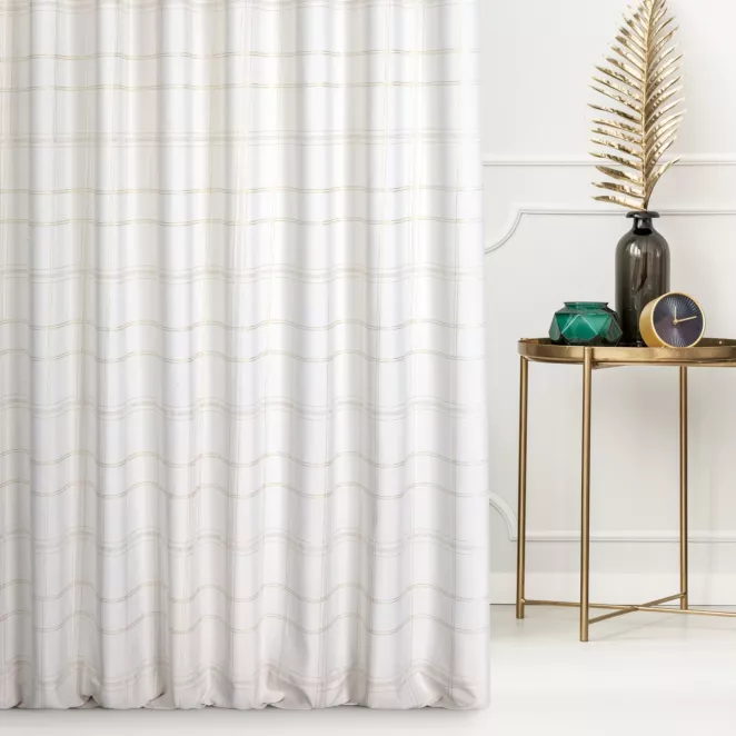 Zasłona szyta na taśmie 5 cm kremowo złota z gładkiej tkaniny przeplatanej błyszczącą lureksową nicią