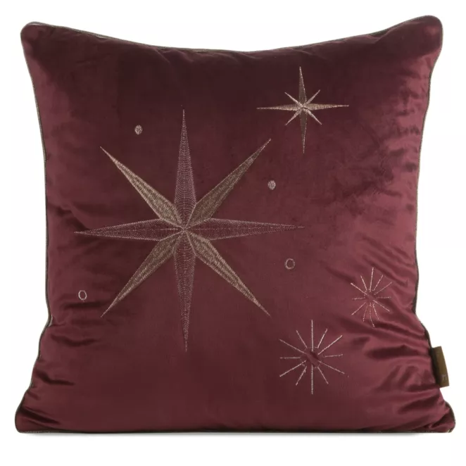 Poszewka na poduszkę świąteczna 45x45 cm welwetowa bordowo, szampańska zdobiona haftem z motywem gwiazd
