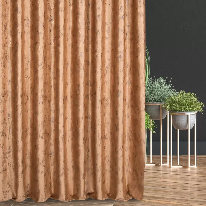 Zasłona szyta na taśmie 5 cm miodowo złocista z tkaniny welwetowej ze złotym marmurkowym nadrukiem