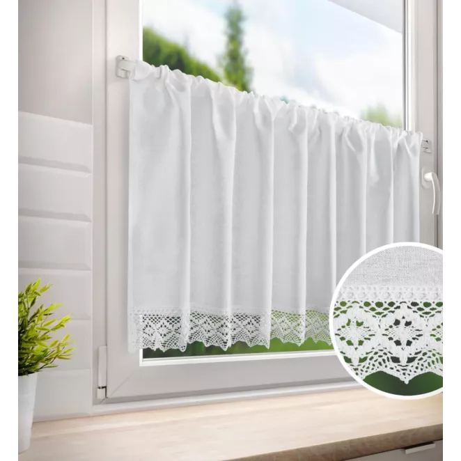 Zazdrostka biała z matowej tkaniny z koronką 150x60 cm tunel CLARIE