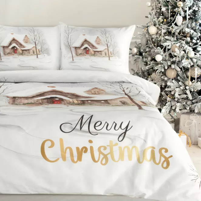 Pościel świąteczna 140x200 cm z satyny bawełnianej, kolor biały jasnobrązowy z nadrukiem świątecznym JOYFULL
