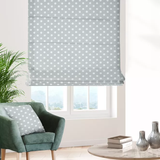Roleta rzymska srebrno kremowa dwustronna, z wzorem w grochy