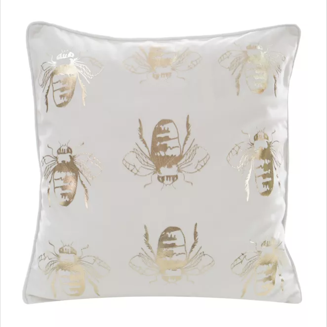 Poszewka na poduszkę 45x45 cm welwetowa, biało złocista z motywem pszczół BILNK