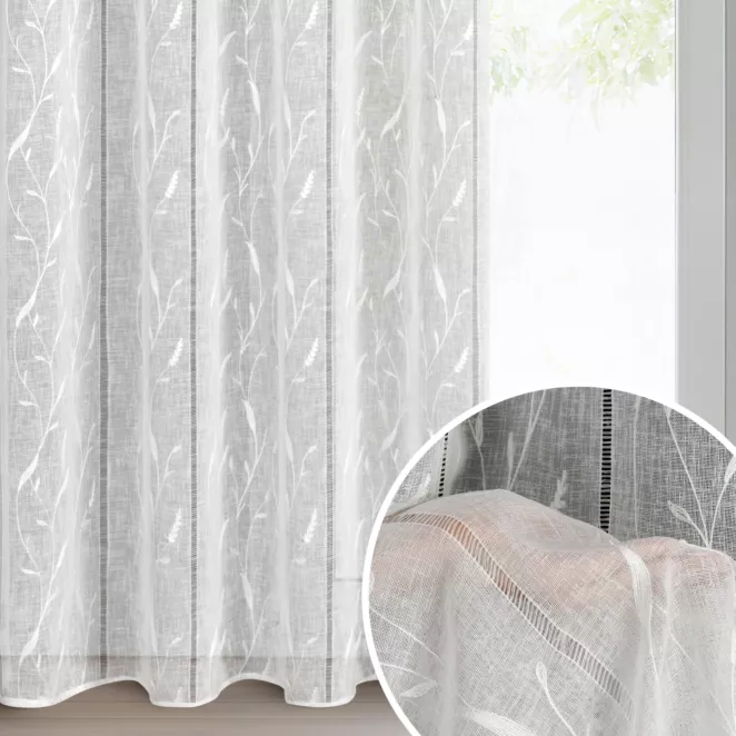 Firana biała z etaminy zdobiona ażurowymi paseczkami i haftem 140x250 cm przelotka - MELODY