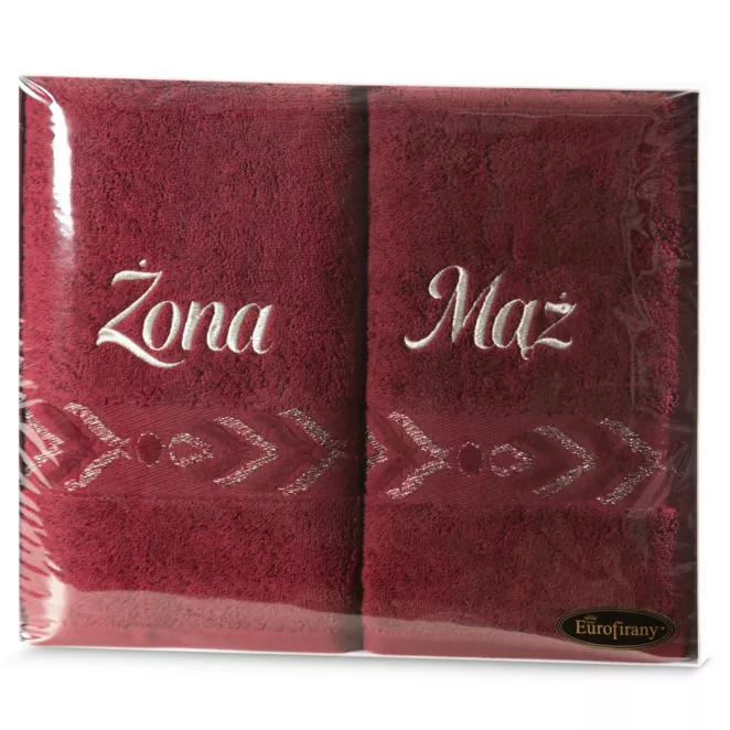 Zestaw ręczników bawełnianych na prezent 2 szt 50x90 cm kolor bordowy z ozdobnym haftem ŻONA MĄŻ