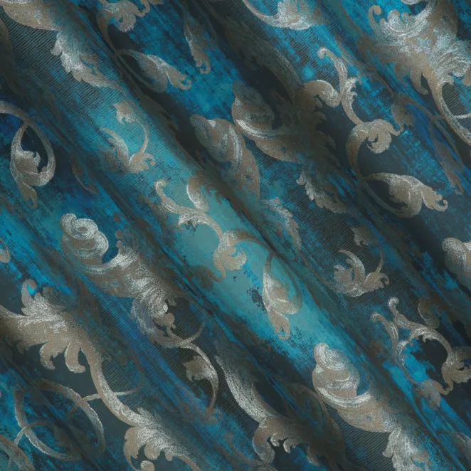 E105/5 Zasłona szyta na taśmie 5 cm ciemnoturkusowo srebrna z ekskluzywnej tkaniny z dużym ornamentowym wzorem Italissima Eva Minge