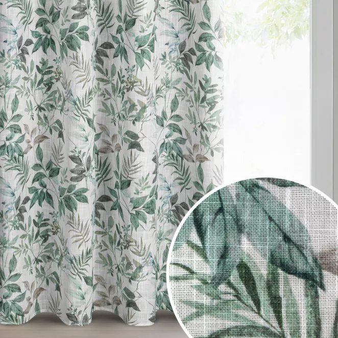 Zasłona o naturalnym splocie zdobiona nadrukiem liści biało, zielona 140x250 cm przelotka - AMANDA