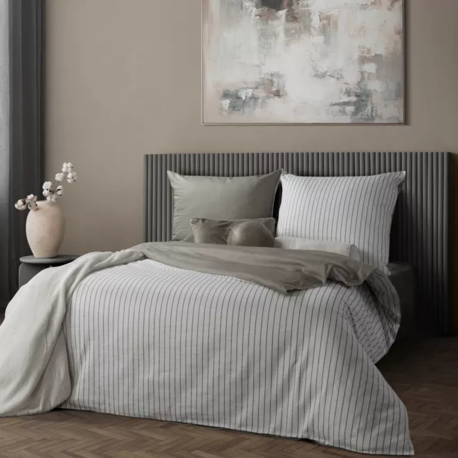 Pościel 160x200 cm komplet 3 częściowy z satyny bawełnianej kolor biało, stalowy w paseczki RAYA