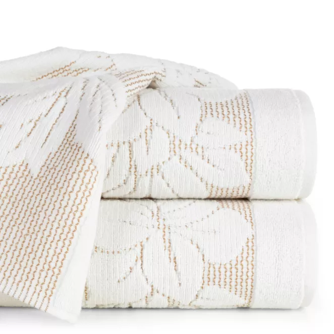 Ręcznik do rąk 30x50 cm bawełniany kolor kremowy z wytłaczaną bordiurą w kwiaty 500 g/m2 ROSE