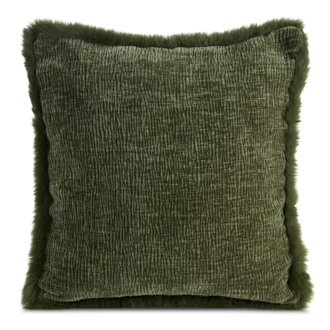Poszewka na poduszkę 45x45 cm oliwkowa szenilowa zdobiona futerkiem na brzegach BLANCA 01