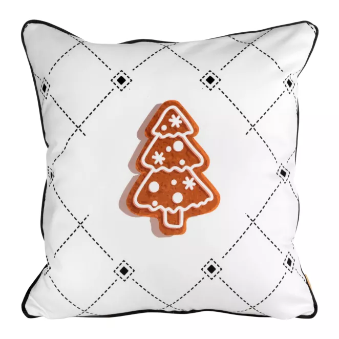 Poszewka na poduszkę 60x60 cm świąteczna z miękkiego welwetu biało brązowa z motywem piernikowej choinki JOY