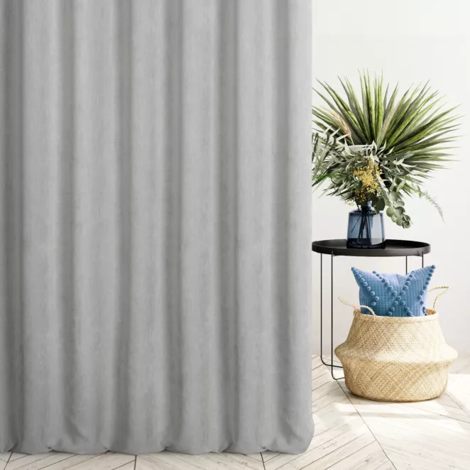 Zasłona szyta na taśmie 8 cm popielata z miękkiej matowej tkaniny szenilowej o naturalnym splocie