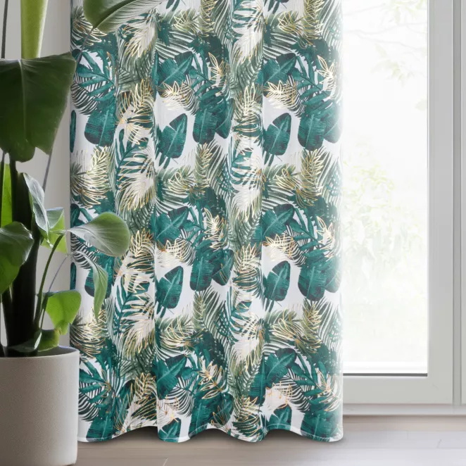 Dekoracja okienna biało, zielona z motywem botanicznym i błyszczącym nadrukiem 140x250 cm przelotka DAVOS